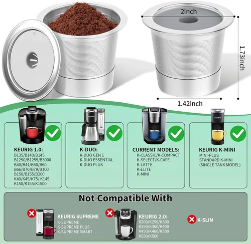 Miniatura 2 de Paquete de 2 tazas K reutilizables para Keurig 1.0, cápsulas de café recargables de acero inoxidable K Cup y tazas K de metal filtros de café