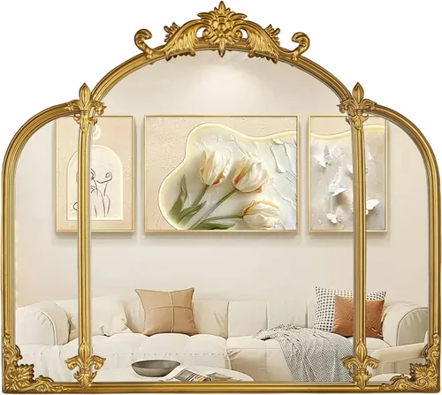 Espejo de Pared con Arco Dorado de 24"x22", Espejo Barroco Ornamentado Vintage con Marco de Metal, Espejo de Tocador Decorativo para Cómoda,