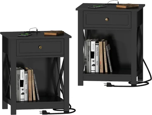 Treocho Juego de 2 mesas auxiliares negras con estación de carga, mesa auxiliar X-Design con 2 tomas de corriente alterna y USB, mesita de noche