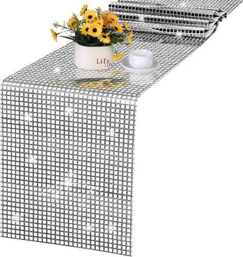 Miniatura 12 de Durony Paquete de 2 caminos de mesa disco de 11 x 108 pulgadas, espejo rosa intenso con laminado de purpurina y lentejuelas brillantes