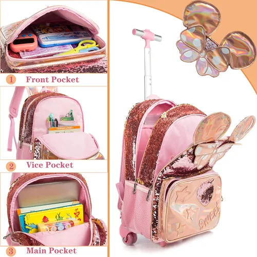 Miniatura 4 de Mochila con ruedas para niñas mochila escolar con fiambrera para estudiantes de primaria ruedas y equipaje 05 3pcs Rolling Backpack
