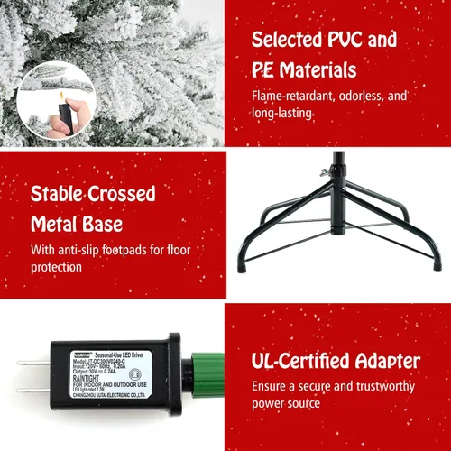 Miniatura 5 de DORTALA Árbol de Navidad flocado preiluminado de 6 pies, árbol de Navidad artificial con bisagras con 500 luces LED blancas frías, control remoto, 3