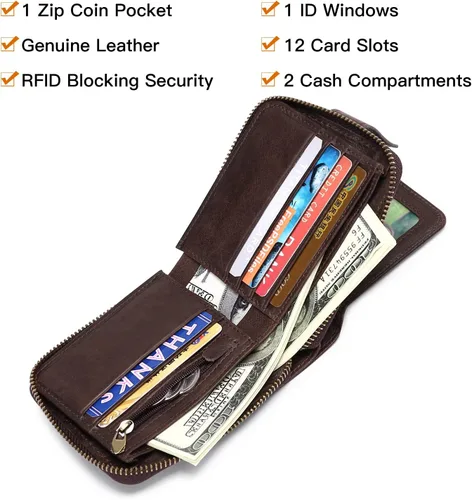 Miniatura 5 de GOIACII Cartera con cremallera para hombre, de piel auténtica, con bloqueo RFID, con cremallera, bolsillo para monedas, para identificación, con Café