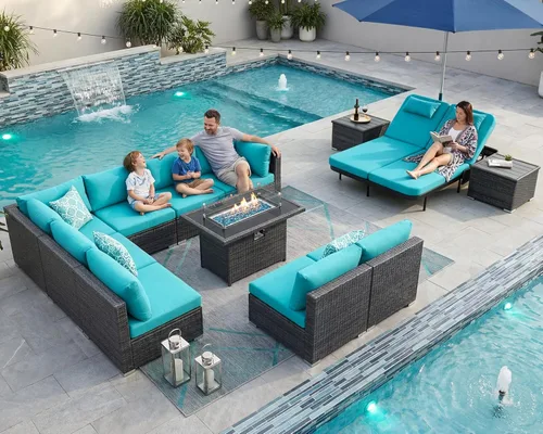 Miniatura 18 de NICESOUL Juego de muebles de patio para exteriores de 7 piezas con mesa para hoguera, gas natural y propano convertible, respaldo alto de 29.3