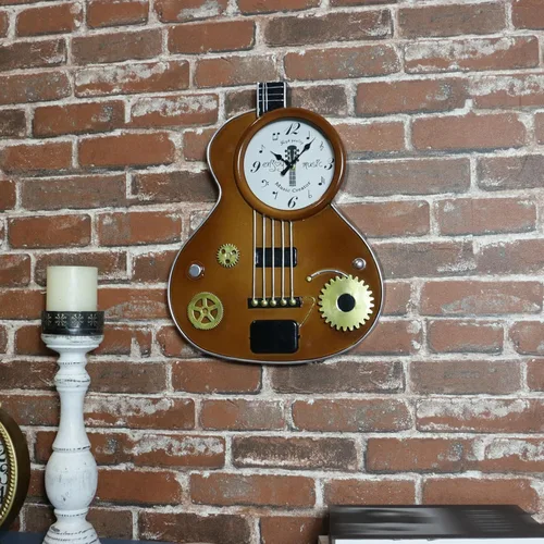 Miniatura 5 de Reloj de pared para guitarra, reloj retro en forma de guitarra de metal marrón con engranajes, silencioso sin tictac, decoración de sala de música