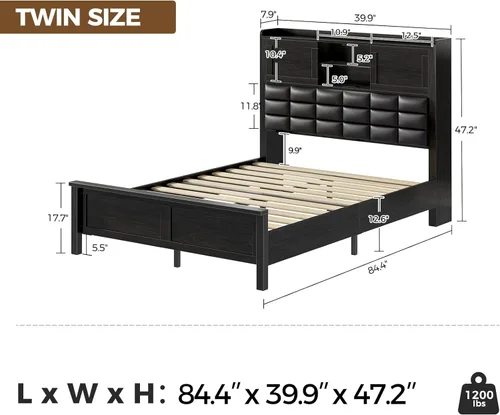 Miniatura 2 de Rolanstar Armazón de Cama Tamaño Twin con Estación de Carga, Cama con Cabecera Estantería con Luz LED y Puertas Corredizas, Cama de Plataforma