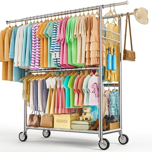 Miniatura 16 de Perchero de ropa resistente con carga de 860 libras, estantes de ropa rodantes de doble barra para colgar ropa, estante de ropa rodante con estantes