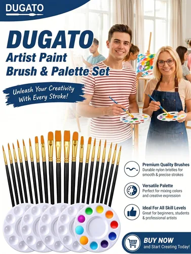 Miniatura 6 de Juego de pinceles y paletas de pintura de DUGATO, 2 paquetes/20 pinceles de punta redonda de pelo de nailon con 5 bandejas de pintura para pintura