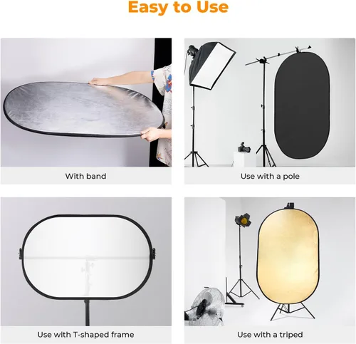 Miniatura 7 de K&F CONCEPT 24" x 36" (60x90cm) Reflector Oval Plegable 5 en 1 con Bolsa de Transporte, Tela Reflectante Oro, Plata, Negro, Blanco y Tela