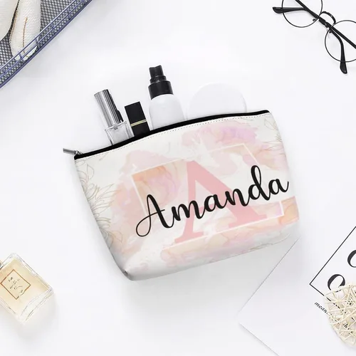 Miniatura 4 de Bolsa de maquillaje personalizada del alfabeto A-Z, con monograma floral, bolsa de cosméticos con nombre personalizado, bolsa de maquillaje pequeña