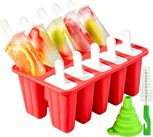 Moldes de paletas de silicona, 10 moldes para paletas de hielo, sin BPA, fácil liberación (10 cavidades, rojo)