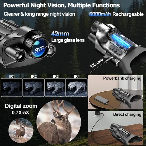 Miniatura 5 de Binoculares/gafas de visión diurna y nocturna 4K con telémetro y brújula, 6000 mAh recargable, tarjeta TF de 32 GB, zoom 5X y lente de 1.654 in