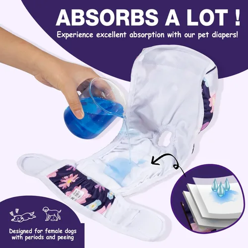 Miniatura 3 de Pet Soft Pañales lavables para hembra (paquete de 3) – Pañales para perras, cómodos pañales reutilizables para perritos en período de calor (Flor, L)