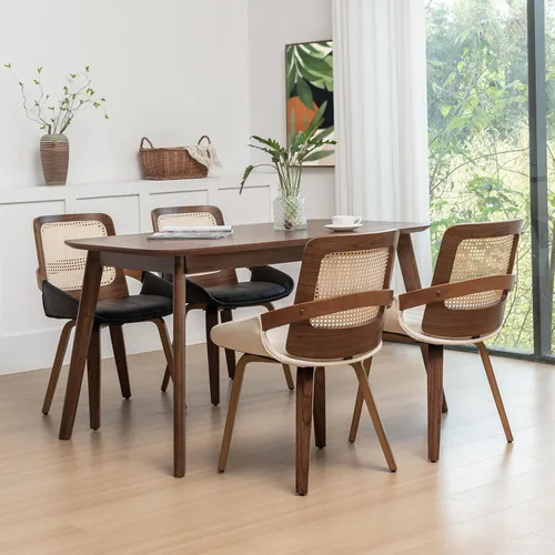 Miniatura 5 de Sillas de comedor de caña – Sillas de comedor modernas de mediados de siglo con marco de madera curvada de nogal, respaldo ergonómico de ratán
