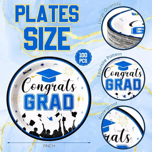 Miniatura 3 de Sabary 100 platos de postre de papel de graduación 2026, color azul y negro, 7 pulgadas, suministros para fiestas de graduación, platos de clase