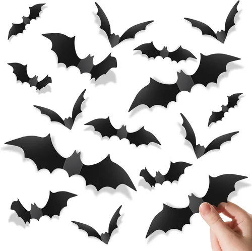 Piteno® 96Pcs Halloween Bat Decorations, Realistic 3D Black Scary PVC Bat Stickers for Home Decor, DIY Wall Window Decal, Indoor Party Supplies