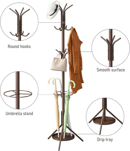 Miniatura 7 de Perchero independiente, soporte para colgar la entrada, soporte para paraguas, árbol de pasillo con 12 ganchos, soporte de árbol de metal de pie