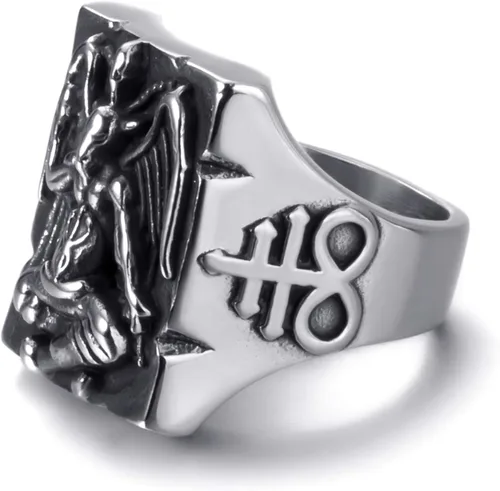 Miniatura 4 de ELFASIO Anillo de acero inoxidable para hombre baphomet satánico cabra sataná demonio diablo Leviatán cruz pentagrama símbolo joyería vintage Metal