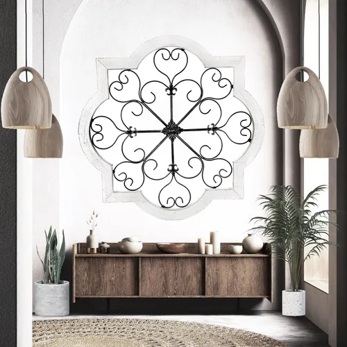 Bellaa 23936 Arte de pared de metal con marco de madera, rústico, retro, granja, granero, decoración del hogar, medallón moderno, flor de lis, panel