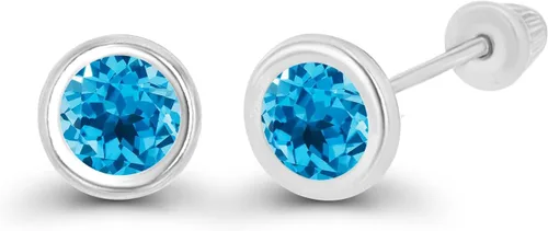 Miniatura 2 de Aretes de tuerca de oro macizo de 14 quilates, hipoalergénicos, de 0.157 in, con bisel de piedra natal auténtica, con cierre de tornillo