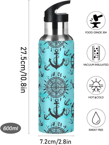 Miniatura 9 de Nautical Anchors Teal Black Stainless Steel Water Bottle 20 Oz Leakproof Water Bottles, BPA-Free Sport Water Bottle Insulated
