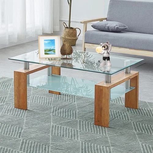 Miniatura 7 de Mesa de centro rectangular de vidrio, mesa de centro lateral de patas de madera de ingeniería moderna con estante inferior, mesa de centro de vidrio