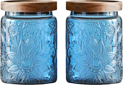 Miniatura 9 de Tarro de almacenamiento de vidrio vintage con tapa de madera maciza, recipiente de cocina con diseño de girasol para café, dulces, detergente