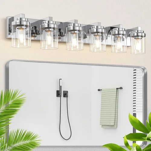 Miniatura 12 de Luces de tocador, lámparas de baño de 38 pulgadas sobre espejo, 6 luces de tocador de baño con pantalla de vidrio transparente, lámparas de pared