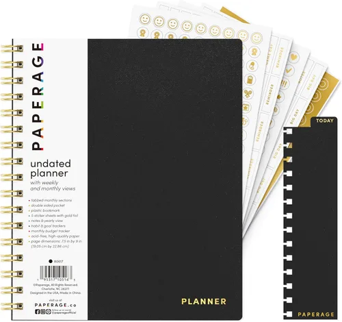 PAPERAGE Agenda semanal y mensual sin fecha de 12 meses con cubierta duradera y encuadernación en espiral, 7.5 x 9 pulgadas, planificador de