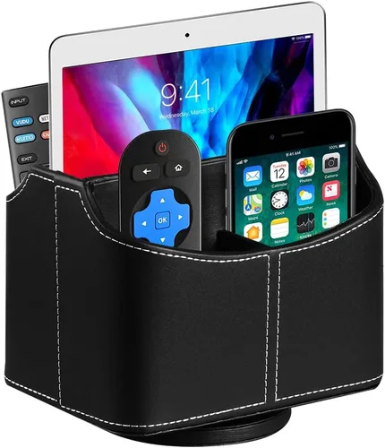 Miniatura 9 de Organizador para control remoto giratorio de 360°, organizador de control remoto de TV de piel sintética con cesta de almacenamiento de 5