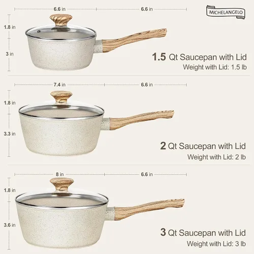 Miniatura 7 de MICHELANGELO Sartén con tapa, juego de cacerolas antiadherentes de 1.5 cuartos de galón, 2 cuartos y 3 cuartos de galón, sartén de granito de 3