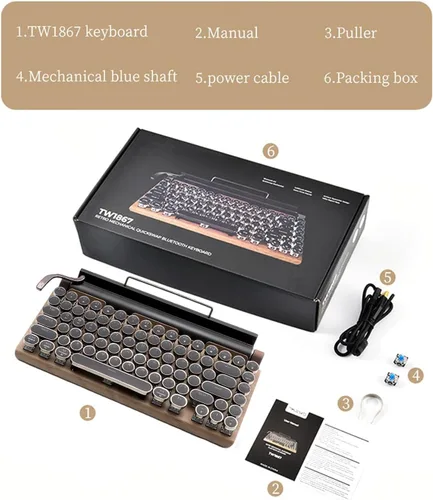 Miniatura 8 de GUAZI STORE Teclado mecánico de 83 teclas - Teclado inalámbrico con Bluetooth para juegos retro, interruptor azul anti-fantasma (madera)