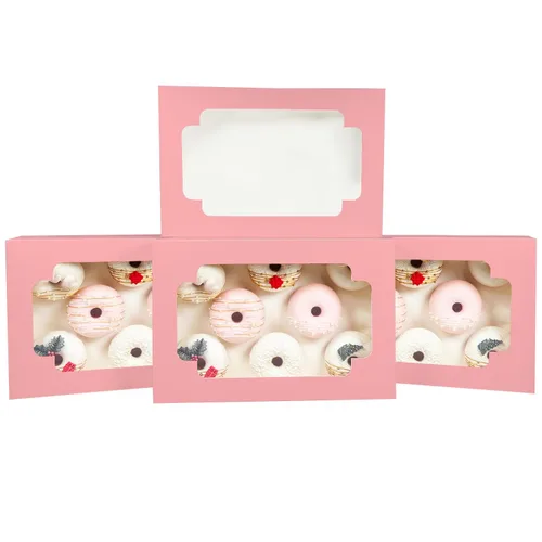 Miniatura 5 de qiqee Caja de galletas rosa autodesplegable con ventana 12x8x2.5 pulgadas 18 paquetes Dos usos Plegable en un segundo Caja de pastelería galletas