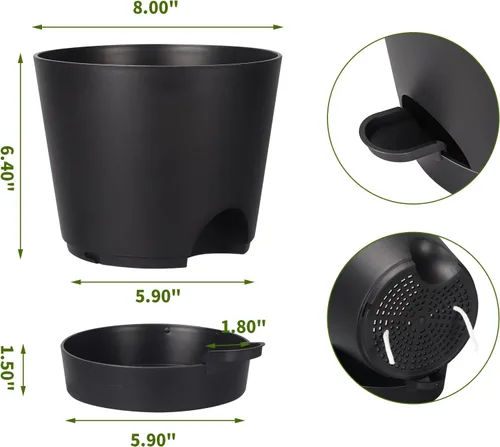 Miniatura 4 de Macetas de riego automático de 8 pulgadas para interiores, paquete de 6 macetas de plástico con agujeros de drenaje, color negro