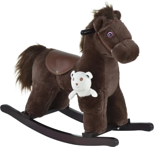 Qaba Caballo mecedor con oso para niños, juguete de peluche con divertidos sonidos realistas para niños de 18 a 36 meses, color marrón