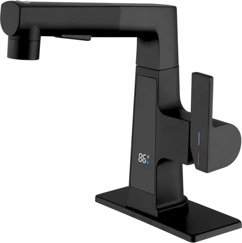 Grifo de baño LED con rociador extraíble, pantalla digital de temperatura negra, fregadero de baño, 2 modos de pulverización, grifo de caravana,