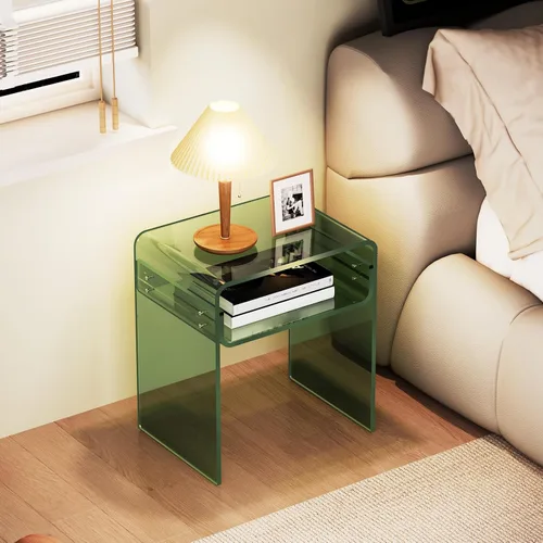 Miniatura 4 de Mesa auxiliar de 2 niveles de acrílico transparente; mesa de noche para sala de estar, dormitorio (1, Verde)