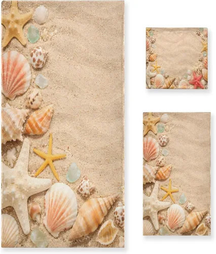 ALAZA Juego de 3 toallas de playa con diseño de estrellas de mar en la playa, toalla de mano, toalla de baño, toalla suave y fina para invitados,