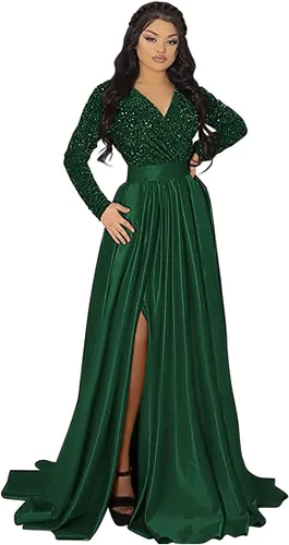 YMSHA Vestido de fiesta de graduación con lentejuelas brillantes para mujer, con bolsillos, manga larga, satén, vestido de noche formal con abertura