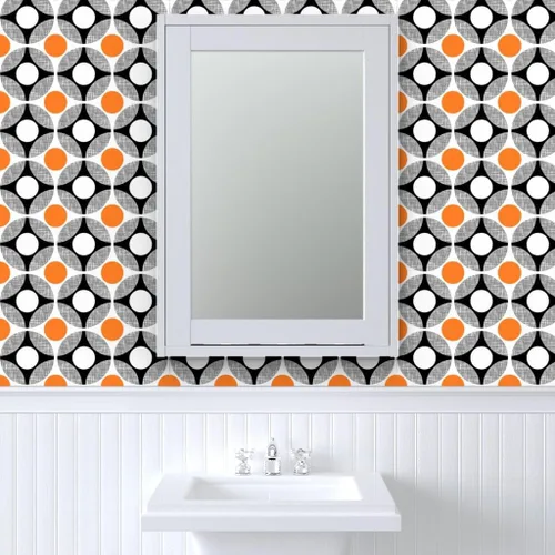 Miniatura 9 de Muestras de papel tapiz para despegar y pegar, huevos Mod Huevos Naranja Blanco Puntos Círculo Cocina de mediados de siglo Moderno Papel pintado