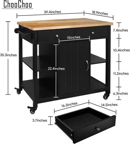 Miniatura 5 de ChooChoo Islas de cocina sobre ruedas con parte superior de madera, carrito de cocina móvil de madera utilitaria con almacenamiento y cajones