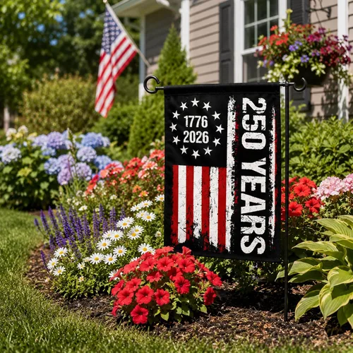 Miniatura 2 de Bandera de jardín de 250 años de América, Bendiciones 250° aniversario USA Bandera patriótica doble cara con diseño de estrellas y rayas