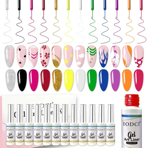 Eodci - Juego de esmalte de gel para arte de uñas, 12 colores negro, blanco, rosa intenso, amarillo, verde con purpurina, esmalte de gel para otoño