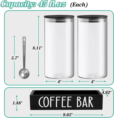Miniatura 5 de Recipiente de Vidrio para Café Molido - Juego de 2 Piezas de 45oz de Recipientes para Café y Azúcar con Tapas Herméticas de Bambú y Bandeja Negra