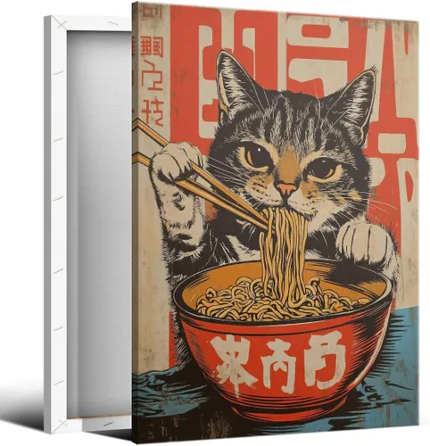 Miniatura 13 de Arte de pared vintage de gato japonés en lona, póster de gato negro peculiar comiendo ramen, impresión de arte retro de animales divertidos