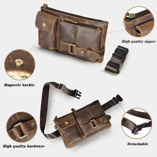 Miniatura 3 de Riñonera de lona resistente al agua + cuero para senderismo, viajes, riñonera pequeña para hombres y mujeres FB811-29, X-8135-100% Cuero