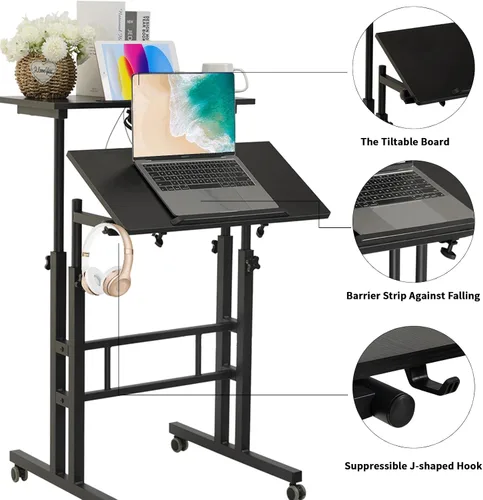 Miniatura 8 de Hadulcet Escritorio móvil de pie con estación de carga, escritorio ajustable para computadora de pie, carrito ajustable para laptop con ruedas