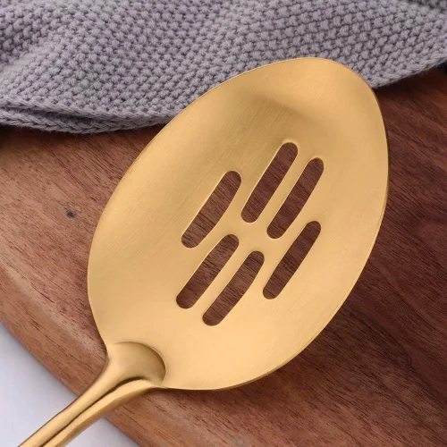 Miniatura 6 de Juego de utensilios de cocina de mango redondo, 7 piezas, acero inoxidable 304 chapado en titanio dorado con tenedor/cuchara pública, trituradores