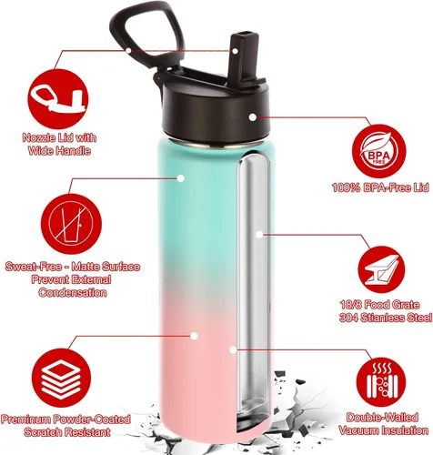 Miniatura 5 de Volhoply Botellas de agua aisladas con popote a granel, paquete de 4, botella deportiva de acero inoxidable de 22 onzas con tapa, vasos de agua