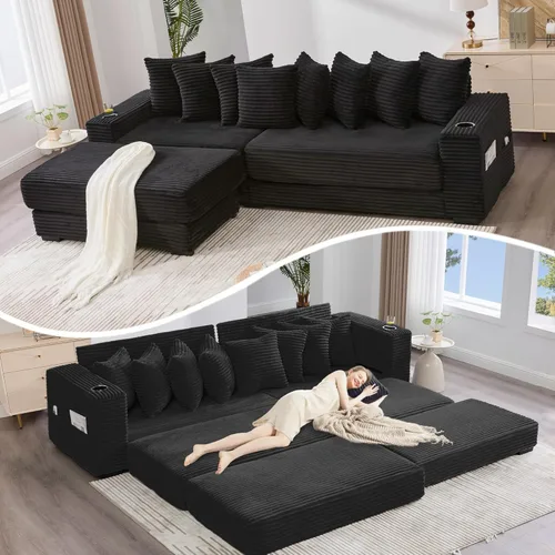 Miniatura 24 de Sofá modular moderno de 111 pulgadas, sofá de pana en forma de L con diván izquierdo, salón extra ancho, 8 almohadas, juego de sofá esquinero